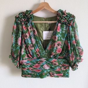 Amur 100% Silk Green Floral Print Crop Top